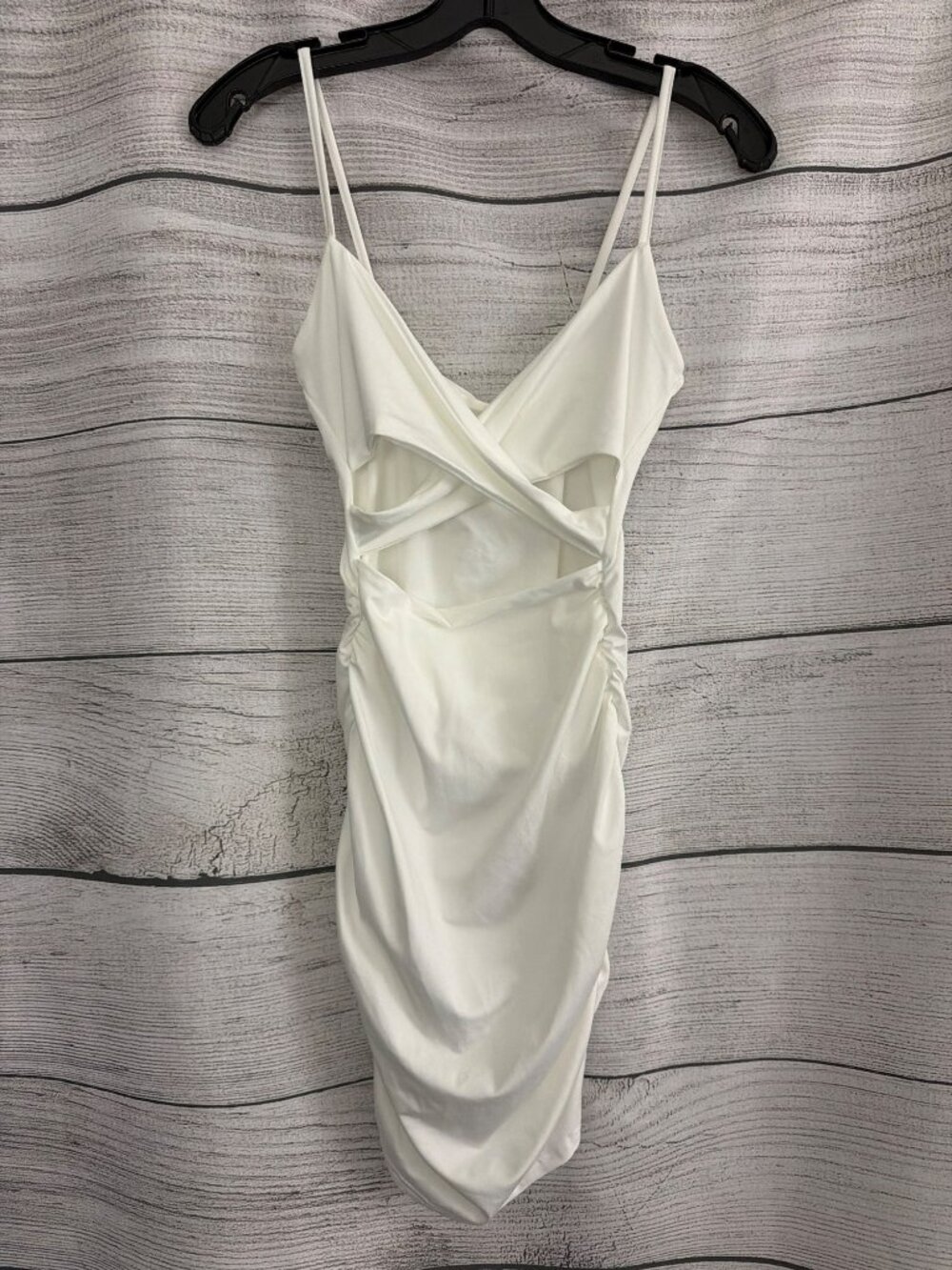 Ruched White Bodycon Dress With Spaghetti Straps & Open Back Size XS
